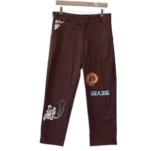 Jungles Jungles Mens Sz 30‎ Grazie Cotton Pants Brown Embroidered Relaxed
